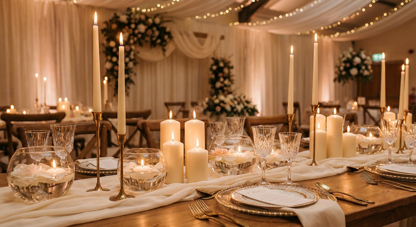 A romantic wedding reception table centerpiece featuring taper, pillar, and floating candles glowing warmly in brass and glass holders surrounded by rose petals and soft floral arrangements.