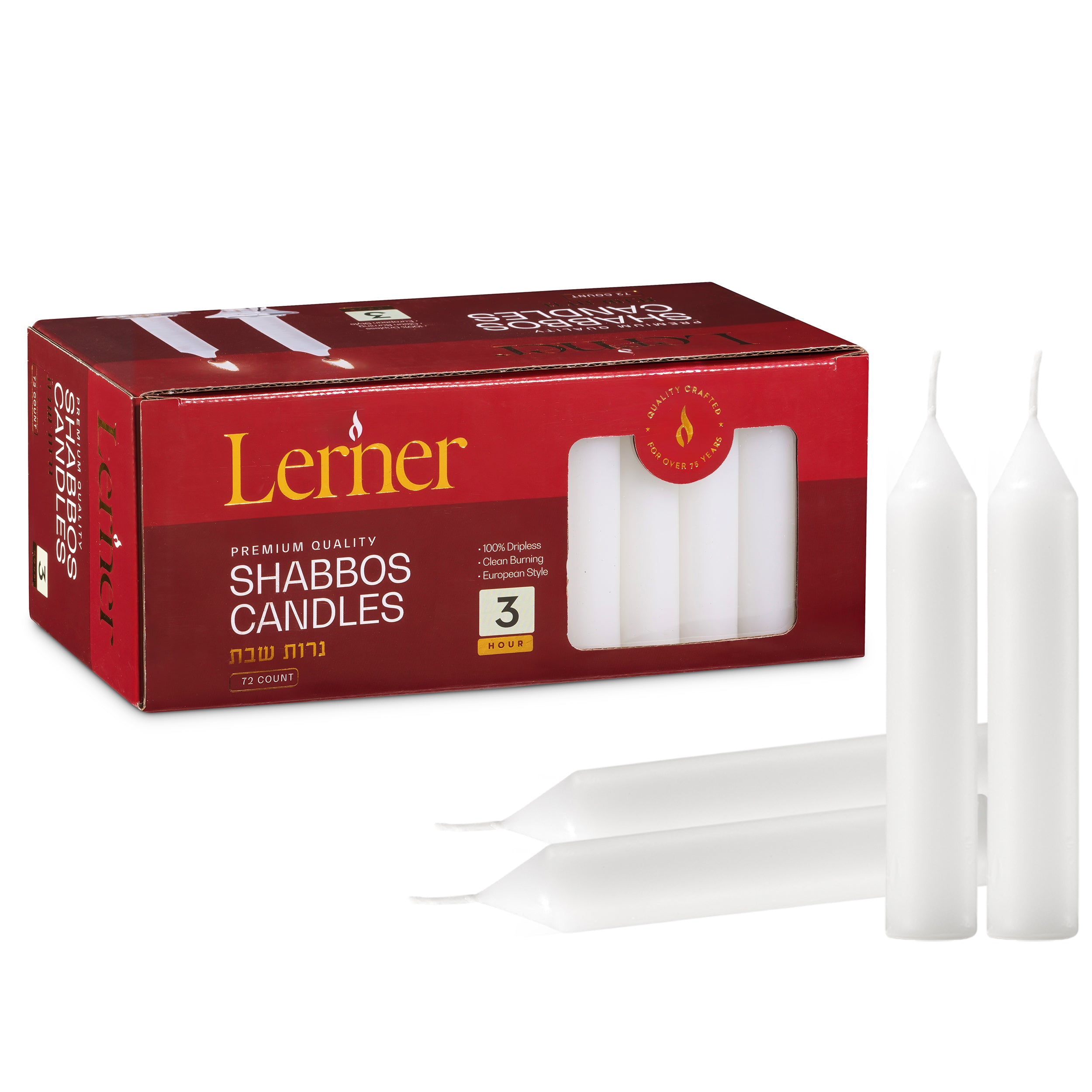 Lerner White Taper Candles – 4 Inch tall – 3 Hour Burn Time - Pack Options