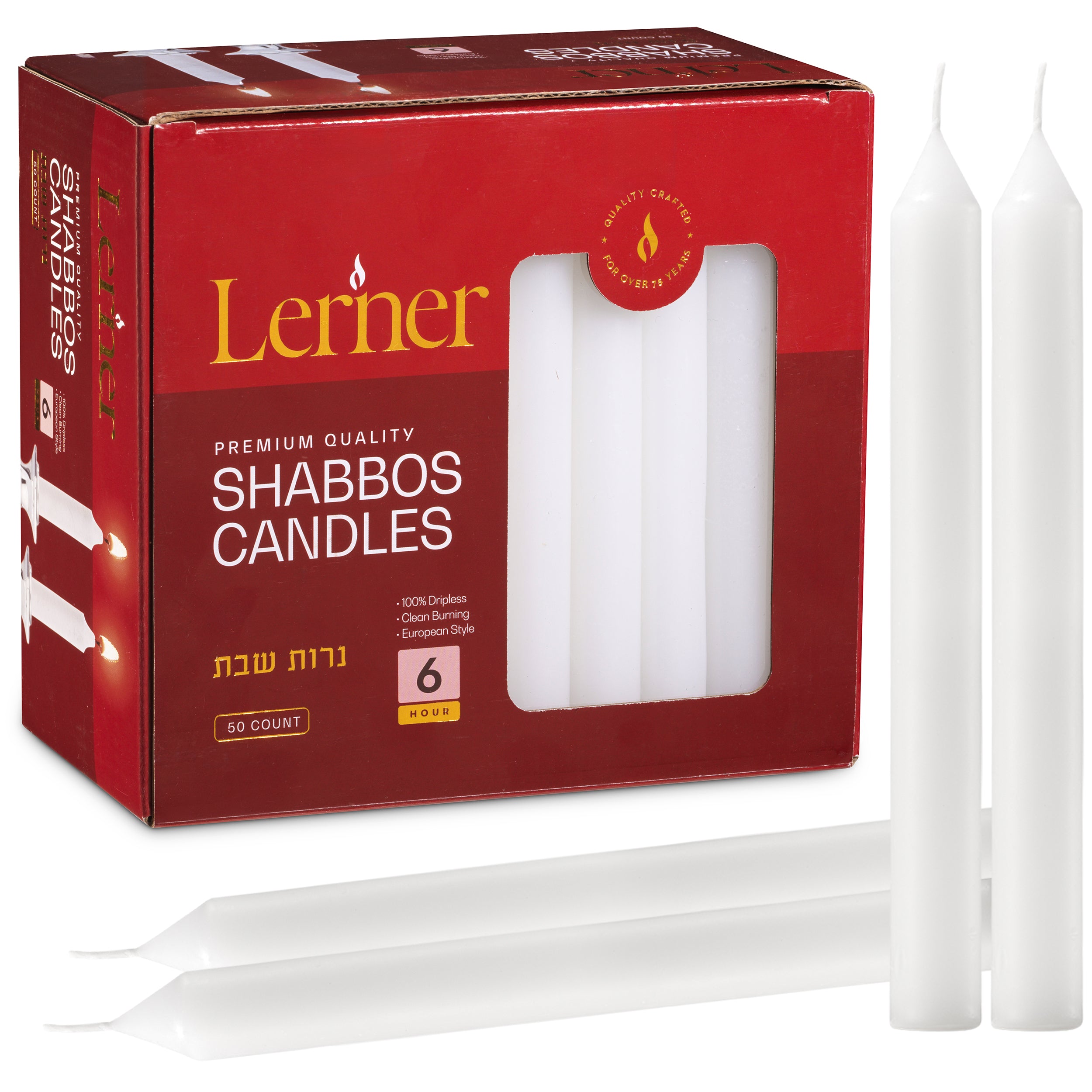 Lerner White Taper Candles – 7 Inch tall – 6 Hour Burn Time - Pack Options