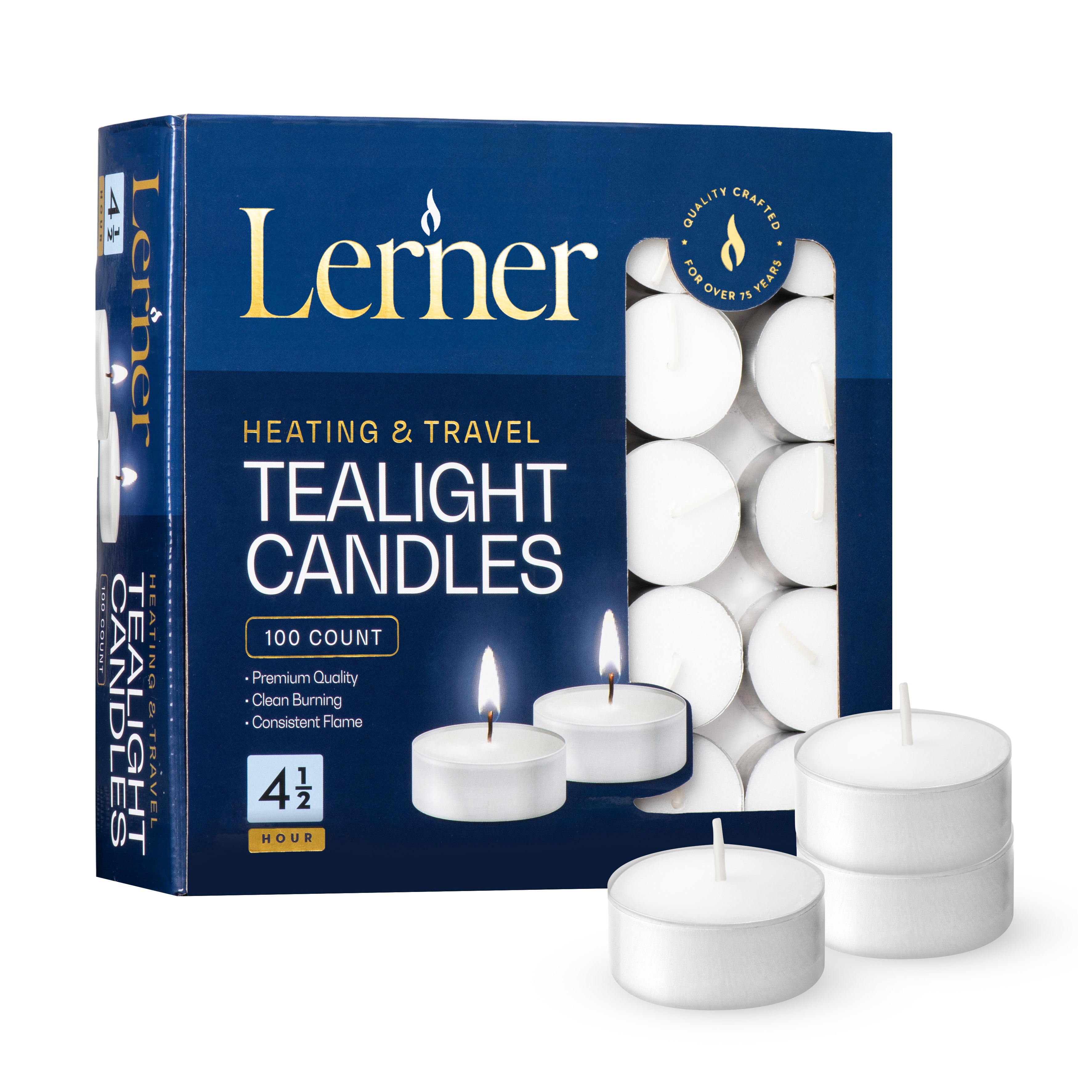 Lerner Tealight Candles 4.5 Hour – Pack of 100 Unscented Long-Lasting Tea Lights