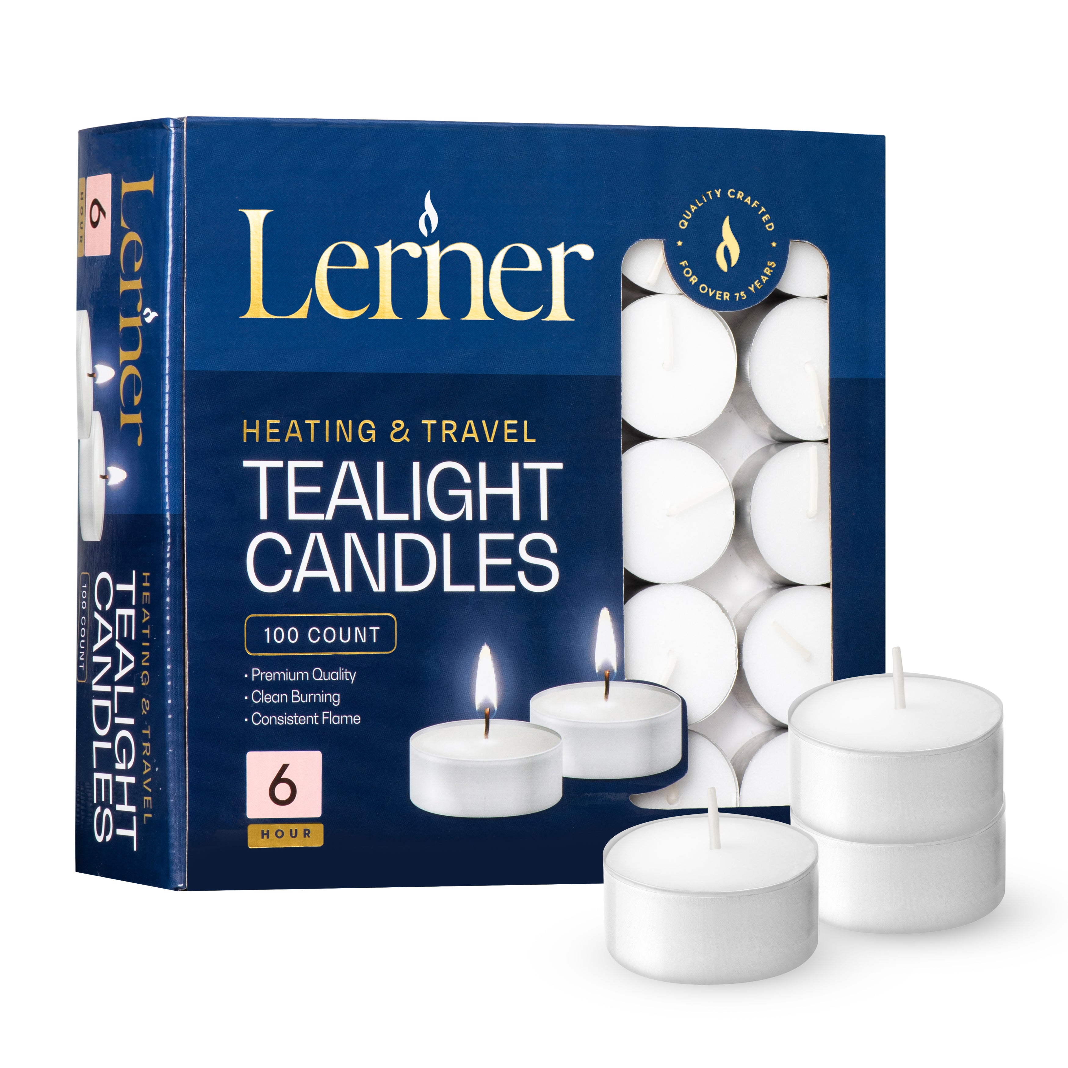 Lerner Tealight Candles 100 Pack 6-Hour Long Burn Unscented Long-Lasting Tea Lights