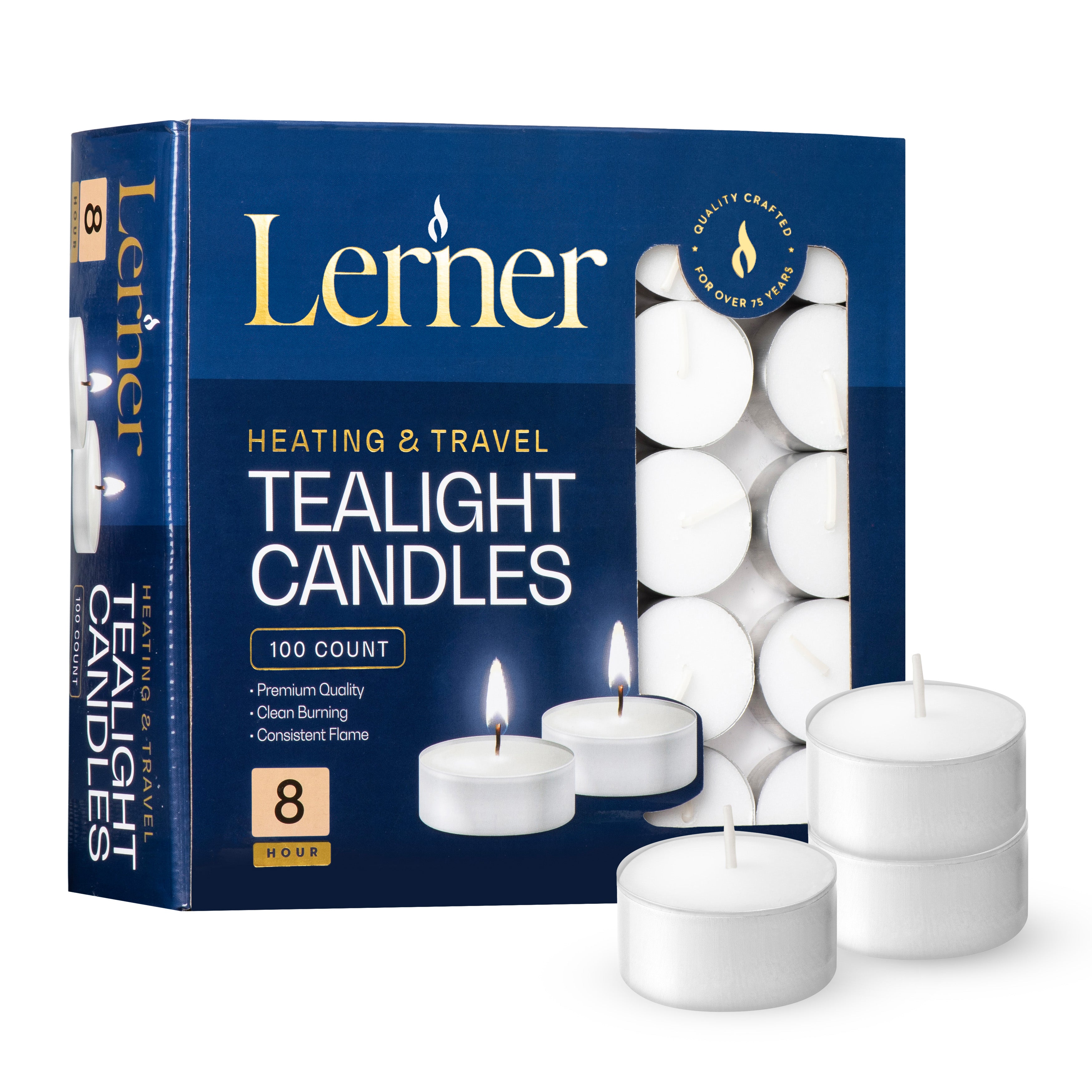 Lerner Tealight Candles 100 Pack 8-Hour Burn – Unscented Long-Lasting Tea Lights