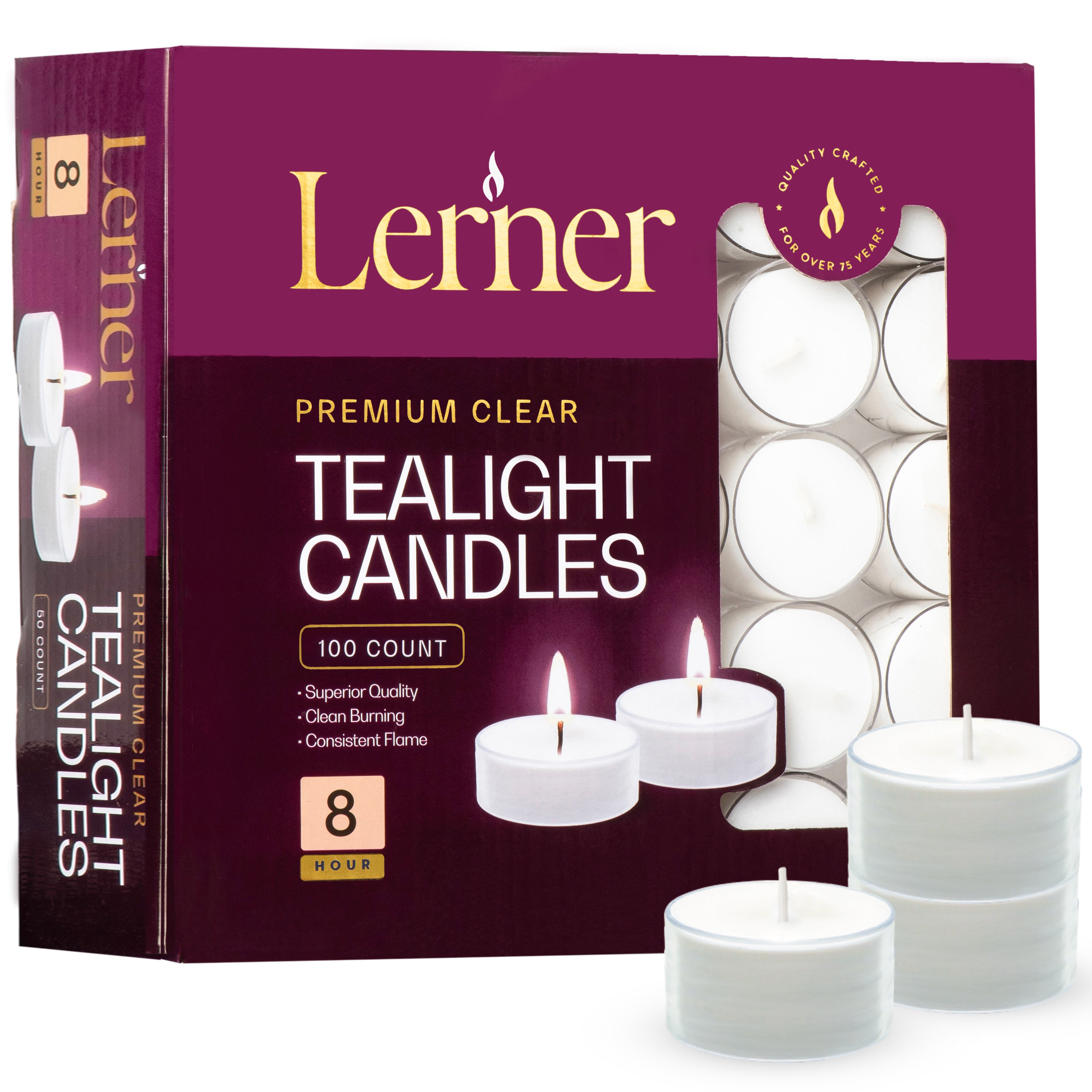 Lerner Clear Cup Tealight Candles 100 Pack 8-Hour Burn – Unscented Long-Burning Tea Lights