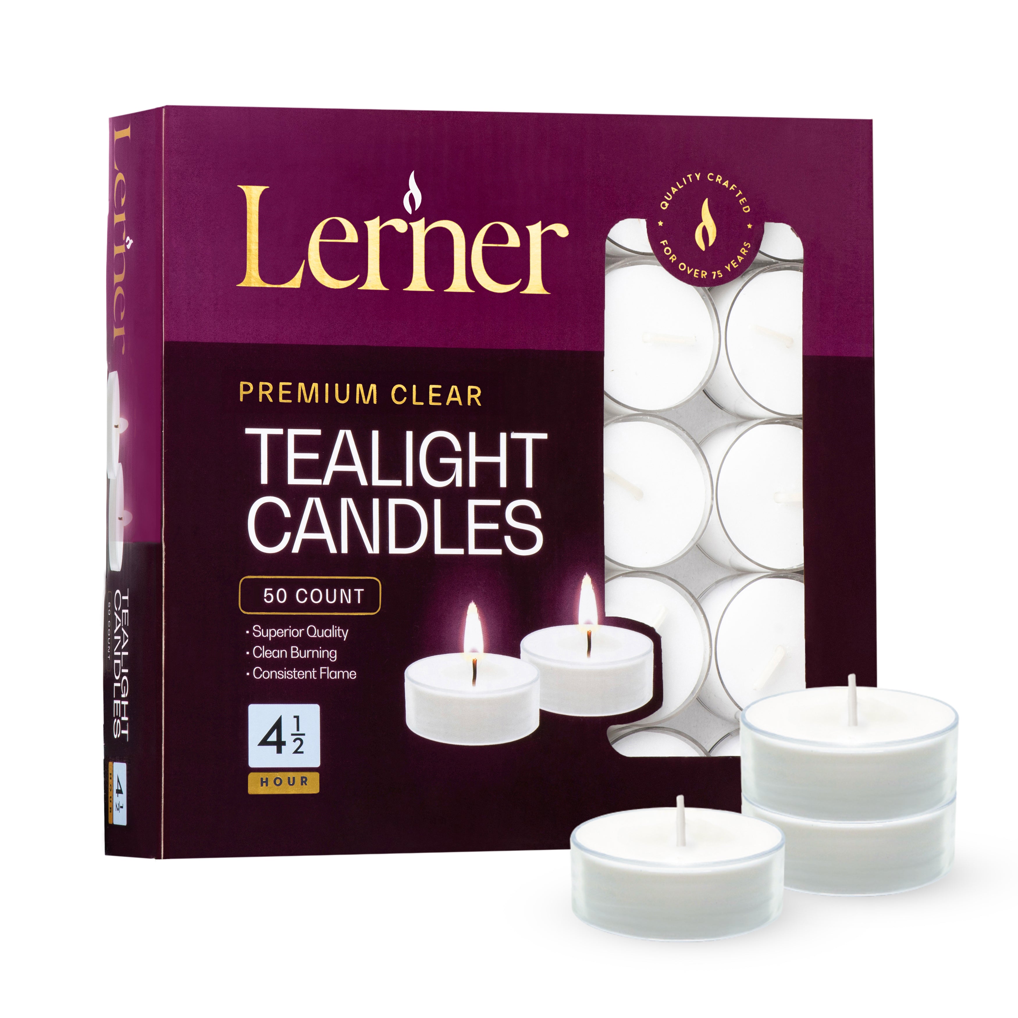 Lerner Clear Cup Tealight Candles 50 Pack 4.5-Hour Burn – Unscented Long-Lasting Tea Lights