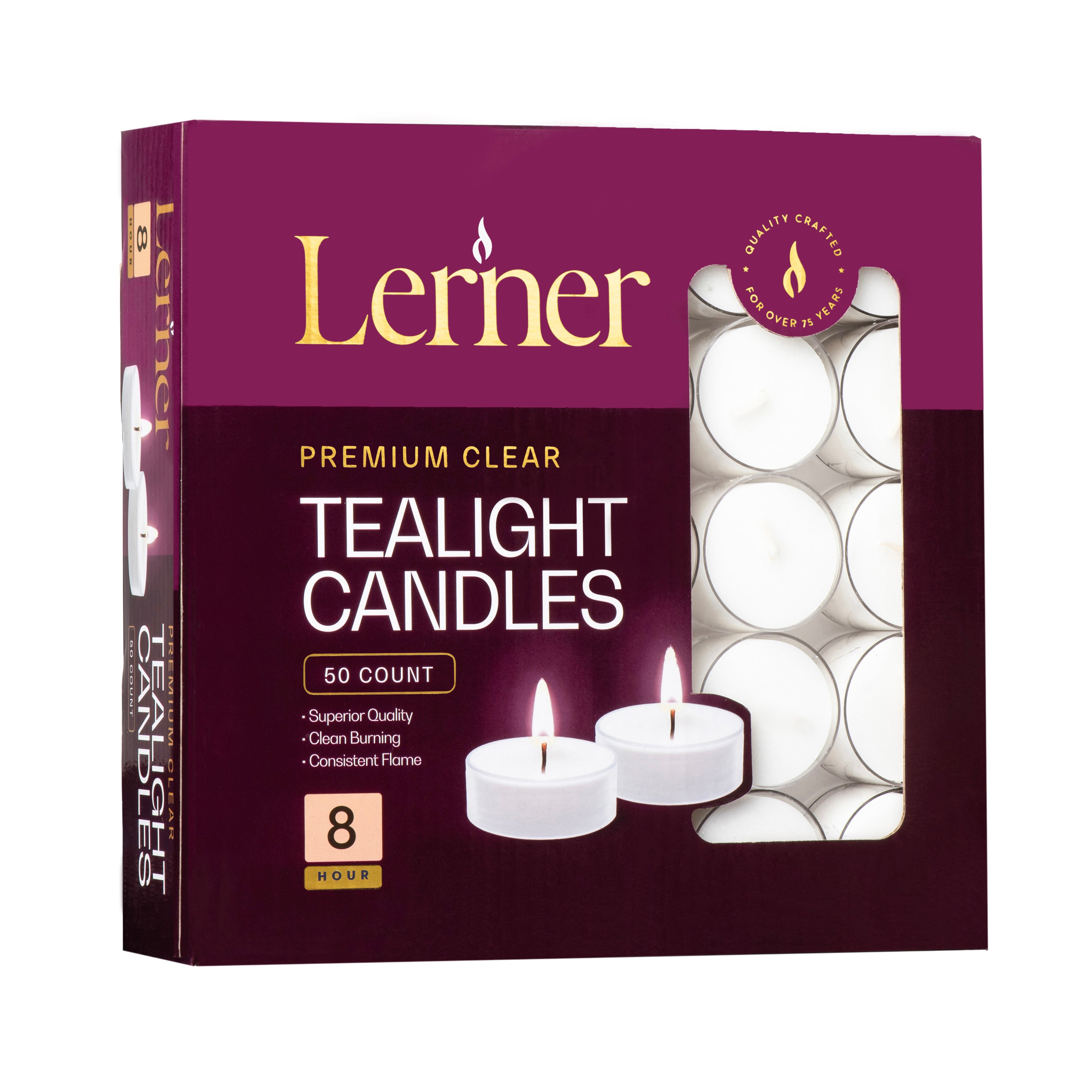 Lerner Clear Cup Tealight Candles 50 Pack 8-Hour Burn – Unscented Long-Lasting Tea Lights