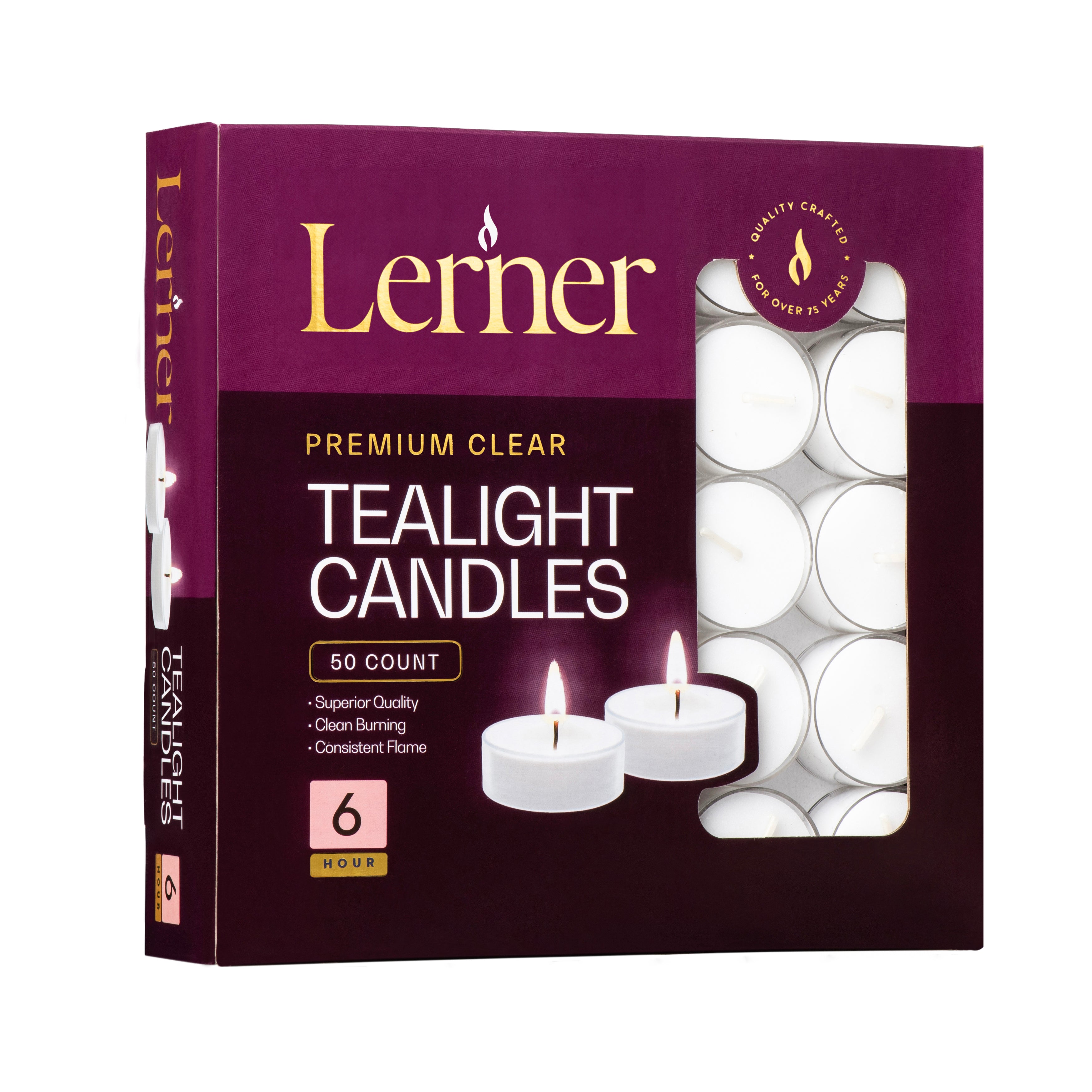 Lerner Clear Cup Tealight Candles 50 Pack 6-Hour Burn – Unscented Long-Lasting Tea Lights