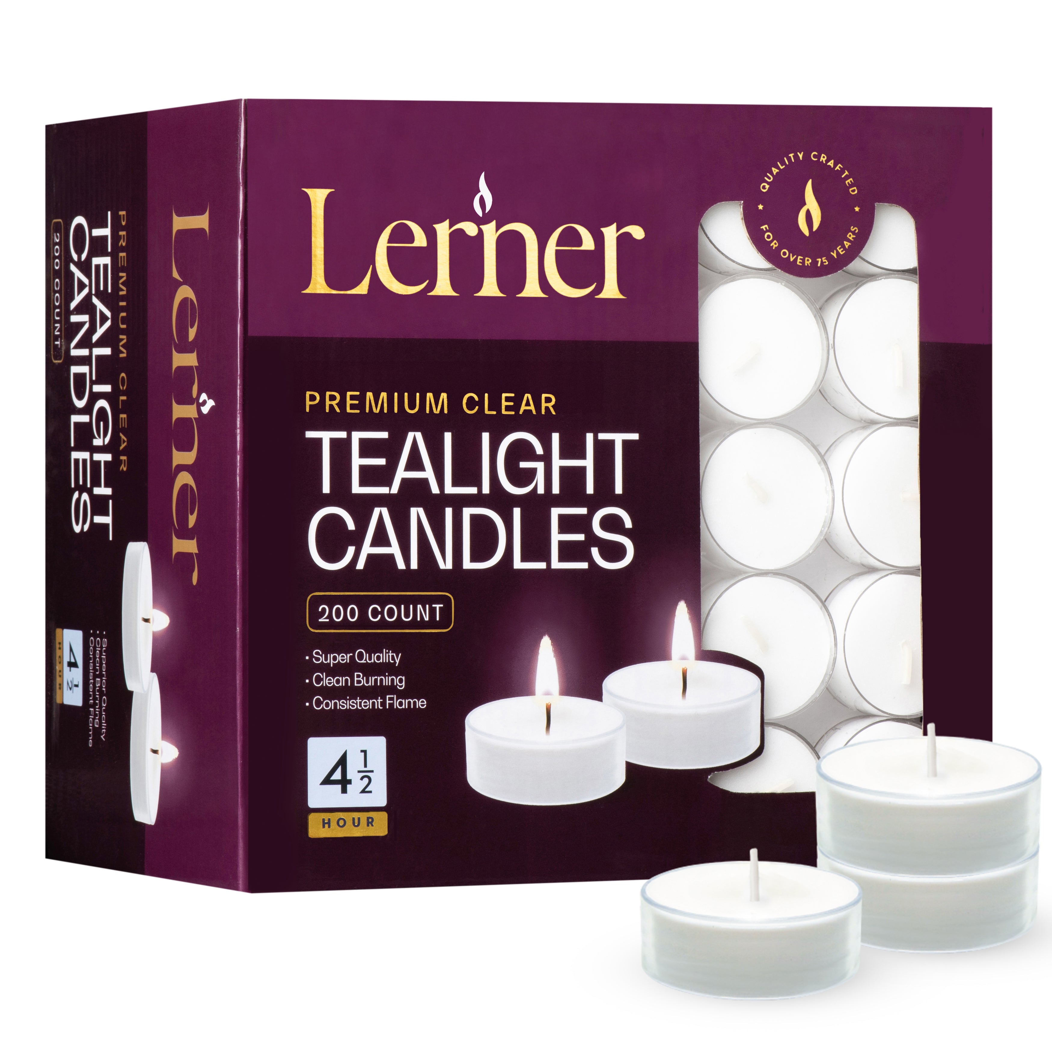 Lerner Clear Cup Tealight Candles Bulk 200 Pack 4.5-Hour Burn – Unscented Tea Lights