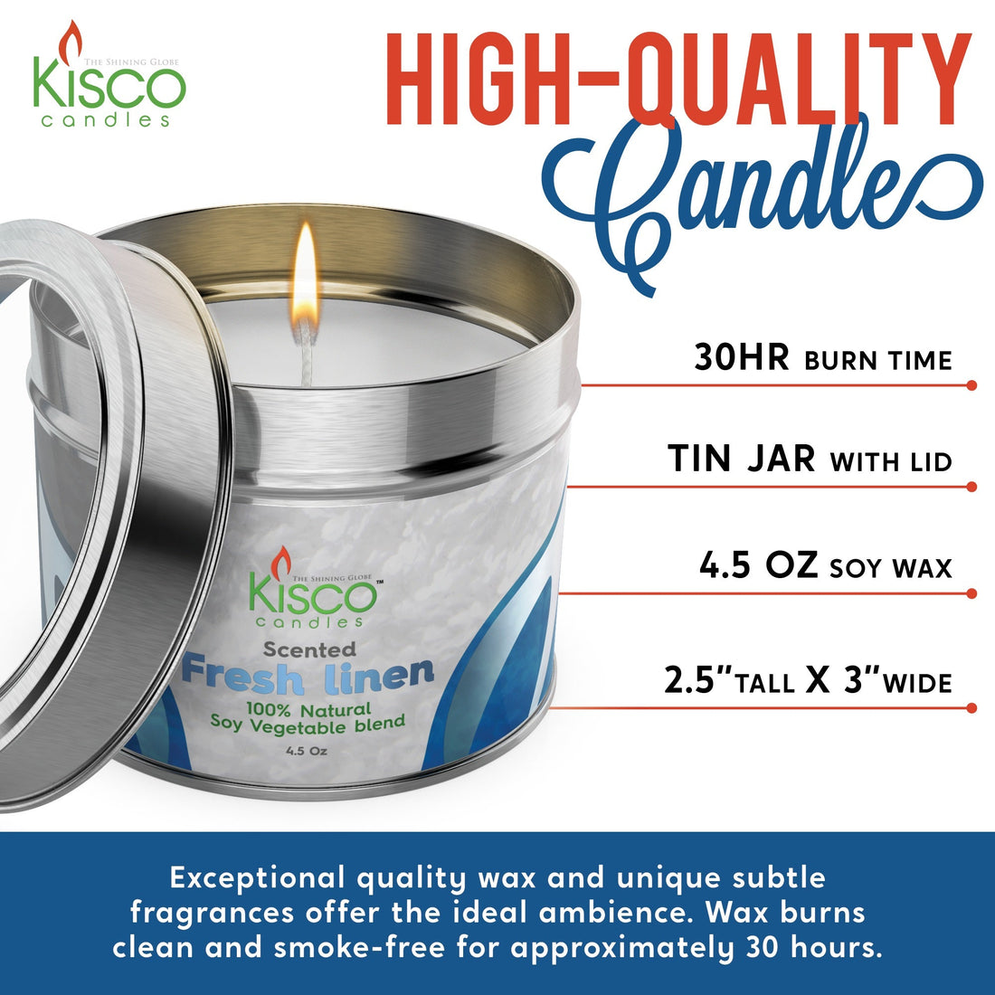 3" X 2.5" Scented Candles In Tins - 8 Pack - 5 Scents Available - Kisco Candles