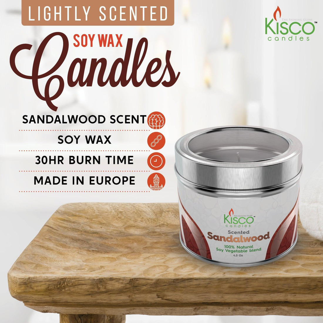 3" X 2.5" Scented Candles In Tins - 8 Pack - 5 Scents Available - Kisco Candles